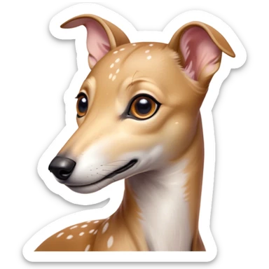 Cinematic Cute Fawn Greyhound Portrait Emoji, Head tilted playfully and inquisitively, featuring a sleek fawn Fur with a gentle sheen, round, sparkling eyes filled with curiosity, Simplified yet irresistibly adorable features, highly detailed, glowing with a warm, friendly glow, high shine, affectionate and nimble, stylized with a touch of whimsy, bright and endearing, soft glowing outline, capturing the essence of a mischievous yet loving racer, so playful it feels like it could sprint out of the screen and into your arms! sticker