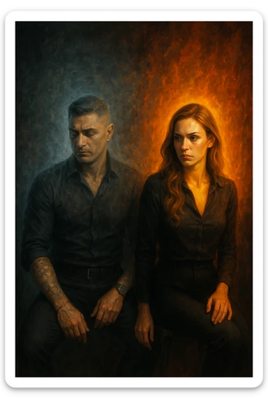 Man receiving advice from a woman, symbolically losing masculine energy, his aura fading while hers shines. Conceptual composition, two seated figures, emotional tension, abstract background." sticker
