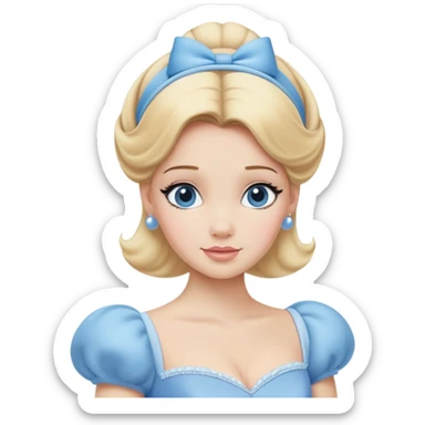 Cinderella from hips up, iconic powder blue ballgown with puffed sleeves, blonde hair with blue headband, minimal style but very recognizable sticker