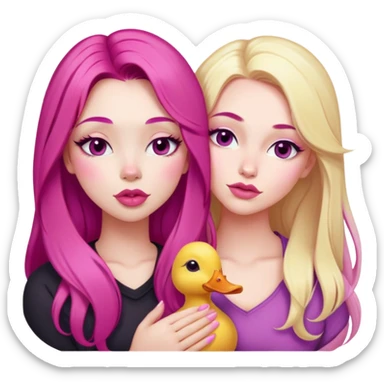 gorgeous pale girl with long magenta pink hair latina makeup next to a gorgeous girl with blonde hair eyes closed making a duck lips face and a light pink heart above them  sticker