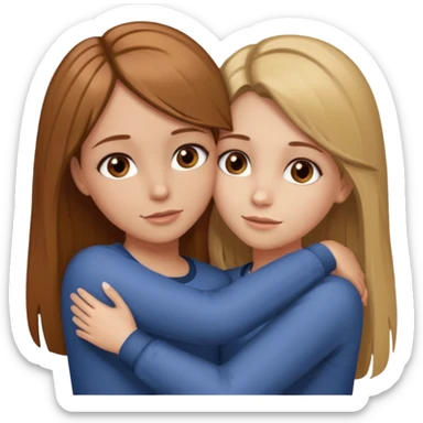 Two girls are hugging. One has dirty blonde hair with a little reddish in it. She has also grey eyes. Her hair is long and straight. The other girl has dark brown hair with hazel eyes sticker