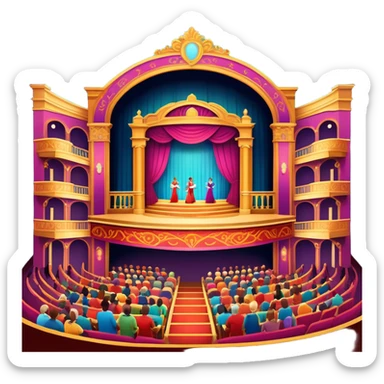 An icon showing a grand theater stage with actors performing in a vibrant play, surrounded by dramatic lighting. The audience watches from colorful balconies, adding to the lively atmosphere. The design captures the magic of live theater, set against a transparent background. sticker