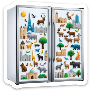 Icon for Magnet Collecting: a close-up of a fridge door covered with a variety of magnets, featuring cities, animals, symbols. The icon should highlight the diversity and charm of magnet collections. Transparent background. sticker