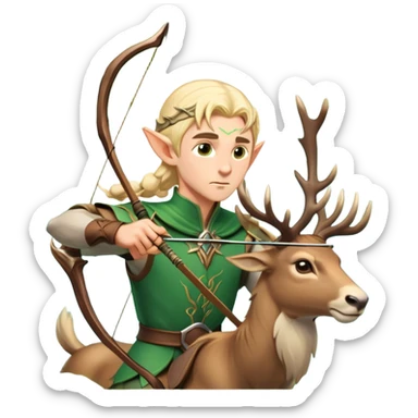 clash-of-clans-aesthetic-blond-male elf-archer-portrait-emoji, rendered in a flat, vector-style with minimal shading and bold holding his bow, simplified shapes, head tilted slightly forward with a determined, focused expression, riding a majestic stag whose antlers glow with mystical energy, set against an ancient, enchanted forest backdrop. sticker