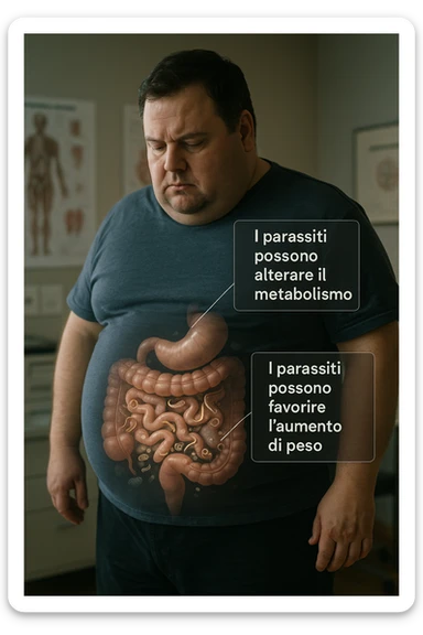 cinematic photo an overweight man is shown with a semi-transparent abdomen, highlighting the intestines filled with various types of parasites (such as worms or protozoa). Educational callouts explain how these parasites can disrupt metabolism and contribute to weight gain. The setting is a medical office, with charts and diagrams in the background. in italiano sticker