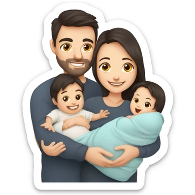 Happy white parents with dark hair with 1 newborn baby. Young parents and newborn son in hands. Mother, father holding infant together with love. Parenthood concept. Flat illustration isolated on white background. sticker