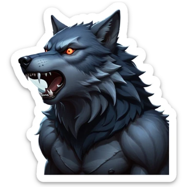 cinematic-noble-fierce-werewolf-howling-portrait-emoji, poised-and-imposing, with a fierce wolfish face tilted upwards in a haunting howl, glowing eyes full of primal ferocity, sharp, and a rugged snout, fur rippling in shades of midnight black and silver, muscles tensed as the powerful howl echoes beneath the moonlit sky; rendered with realism, capturing the raw, untamed power of the beast in its wild, primal state sticker