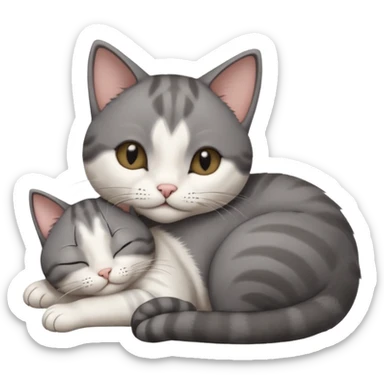 dark grey and white small cat with his eyes closed lying down leaning on its elbow with its paw curled under its head holding it up sticker