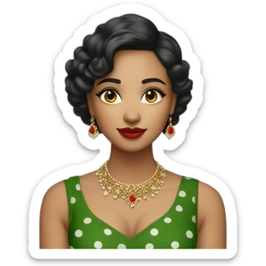 Beautiful Indian girl with light skin short hair bindi red lipstick wearing green low neck dress with polka dots sticker