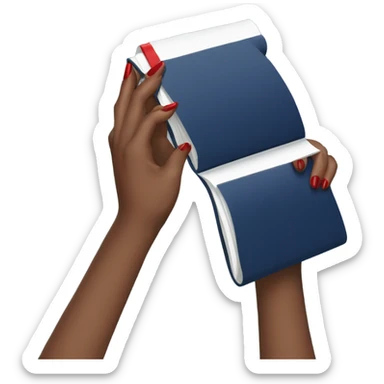 a female hand with a red manicure holds a dark blue notepad sticker