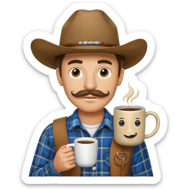generate an ios genmoji of a 20 year old tan boy with a cowboy hat and horseshoe mustche. Wearing a flannel and carrying a coffee mug sticker