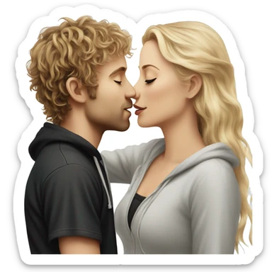 Pippin-hobbit wearing hoodie passionately kissing pretty blonde woman with black top sticker