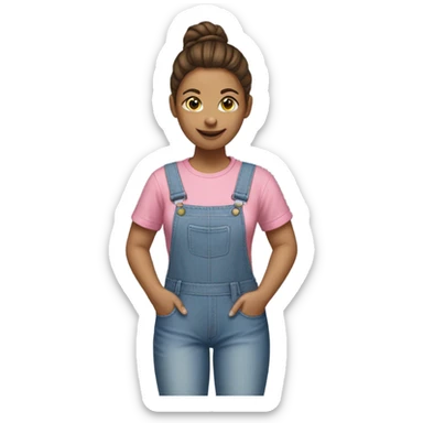 A white woman with brown hair in pony tail wearing white headband, pink t shirt and overalls  sticker