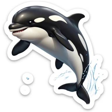 Meme-Worthy Breaching orca Portrait Emoji, Bursting powerfully out of the ocean with an impressive, high-energy leap, showcasing a sleek black-and-white body glistening with water droplets and dynamic, arched posture, Simplified yet exhilaratingly expressive features, highly detailed, glowing with a vibrant marine energy, high shine, bold and full of life, stylized with an air of untamed ocean spirit, soft glowing outline, capturing the essence of an orca mid-breach, radiating pure, unstoppable aquatic power! sticker