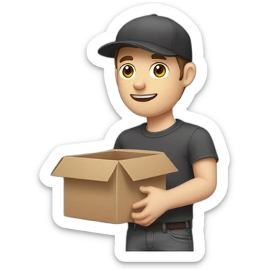 Pale skinned fit Man with dark brown hair in a black cap, gray jeans and brown polo T-shirt keeping a pasted with tape white box into his hands sticker