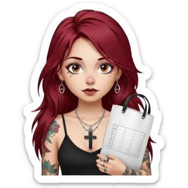 generate an ios genmoji of a fair girl with long dark red messy hair with eyeliner on her eyes.  septum piercing, wearing a cami black top, has tattoos, on shoulders. ear piercings. wearing a cross silver necklace. carrying a tote bag on her shoulders with chart paper peeking out. sticker