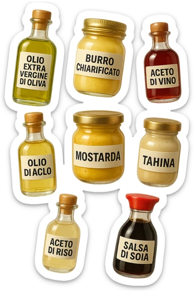 emoji stile iphone 3d di questi elementi che fluttuano in aria sparsi casualmente:

Olio extravergine d’oliva, burro chiarificato
Olio all’aglio (senza pezzetti)
Aceto di vino, aceto di riso, senape, tahin
Salsa di soia fermentata (senza aglio/cipolla)


 che fluttuano sparse casualmente in aria, le etichette dei prodotti scrivile in italiano, iperealistico 4k sticker