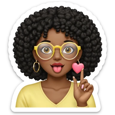 chica con piel morena oscura, cabello rizado afro negro, vestida de amarillo pastel, con candongas y  que use lentes, saque la lengua, y mientras hace un corazón coreano con la mano sticker