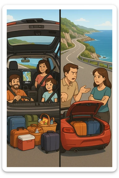 "Spacious family SUV loaded with luggage, snacks, entertainment for kids, GPS showing clear 300km route planned with rest stops, happy family ready for road trip; contrasted with impractical two-seater convertible with no storage space, couple arguing about what to leave behind, suitcases barely fitting, comfort vs style dilemma, Italian coastal highway background" sticker
