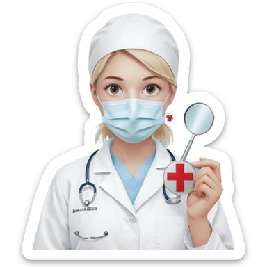 A minimalistic bust of a dentist wearing a white medical coat over a light blue scrub top. A simple white surgical mask covers the lower half of the face, leaving expressive yet simplified eyes visible. A small red cross emblem is subtly placed on the coat. The dentist holds a tiny, minimalistic dental mirror or tool in one hand. Behind the figure, a subtle abstract symbol, like a tooth icon or a heartbeat line, reinforces the dental theme. The design is sleek and modern, with smooth lines and soft shading, following a minimalist emoji style. sticker
