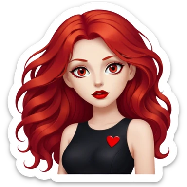 a sexy woman with long red hair and red eyes. The woman wear a black little cutted dress. She have red lipstick and she have a seductive look.  sticker