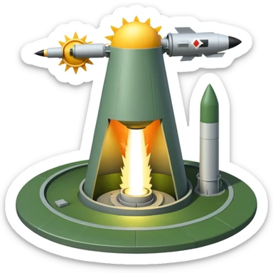 green landscape with sun in top of the background, there is a greynmissile silo hatch open, and the top two thirds of a white nuclear missile launching out of the silo is shown sticker