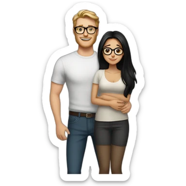 Tall white man with no glasses brown hair hugging small latina long black hair square glasses sticker