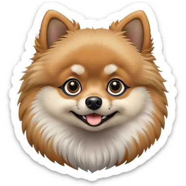 fluffy black and tan Pomeranian dog face, large round dark eyes, small black button nose, soft tan muzzle with subtle smile, two tan eyebrow spots, curious and alert expression, thick fluffy ruff of fur blending black, tan, and light gray, upright triangular ears with gray tips, friendly and cute sticker
