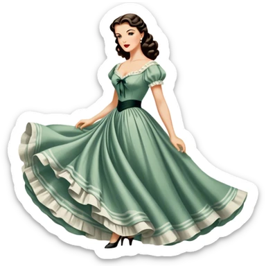 Icon for Romance Movie: A vintage movie poster-style design inspired by Gone with the Wind. Include romantic, sweeping imagery like Scarlett O'Hara in a flowing dress, Rhett Butler, a plantation backdrop, and fluttering wind-blown fabric. Soft, nostalgic cinematic feel. Transparent background. sticker