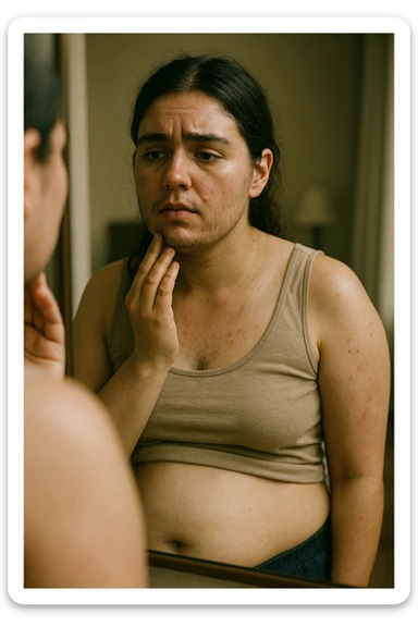 A realistic, cinematic portrait of a young woman in her late 20s standing in front of a mirror, visibly concerned while touching her chin and jawline where small dark facial hairs are noticeable, indicating hirsutism. Her skin appears oily, with a few cystic acne spots on her cheeks and jaw, and her dark hair is slightly greasy, indicating increased sebum production due to androgen excess. Her body shows mild abdominal bloating, and she looks at herself with a mix of frustration and sadness, capturing the emotional struggle linked to PCOS. The scene is set in a softly lit bedroom or bathroom with neutral daylight, with a clear mirror reflection to emphasize self-observation and discomfort. Style: realistic 35mm cinematic look, soft focus on her face and hair details, warm tones to keep it human and relatable sticker