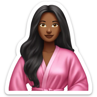 Tanned woman with long black hair wearing a silk pink Victoria’s Secret robe sticker