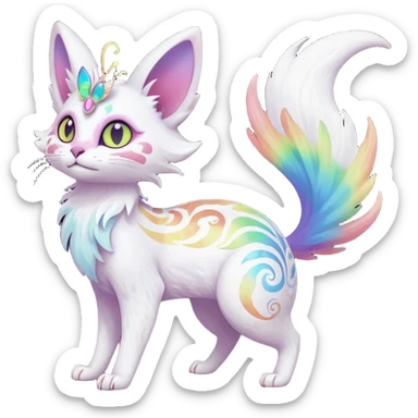 Pure-snow-White albino iridescent with pastel rainbow-gradients-color-markings with swirly patterns butterflies  faerie-Noivern-Noibat-Purloin-Torracat-Lykoi-Caracal-cat-Fakemon-fusion-hybrid-creature-scared sticker