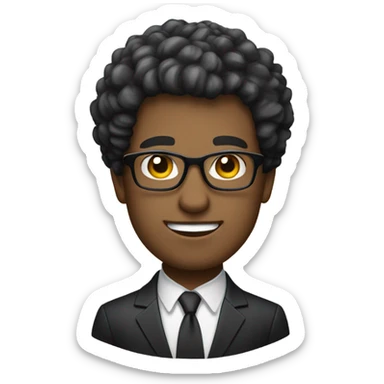 Create an emoji representation of a confident man with short curly hair, wearing glasses and a formal dark suit with a white shirt. The expression should be neutral yet professional, reflecting a determined and focused personality. sticker