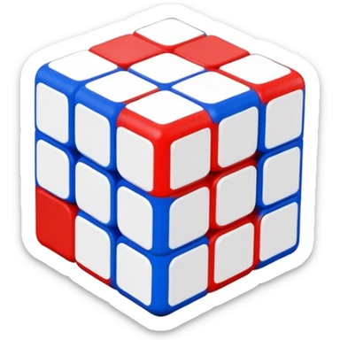 A minimalist 3x3 Rubik's Cube with only blue, red, and white colors, clean iOS emoji style, simple design sticker