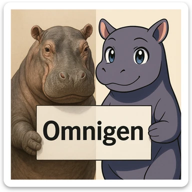 two hippo holding sign of omnigen, half picture 1 hippo is realistic another half is the anime of that same second hippo sticker