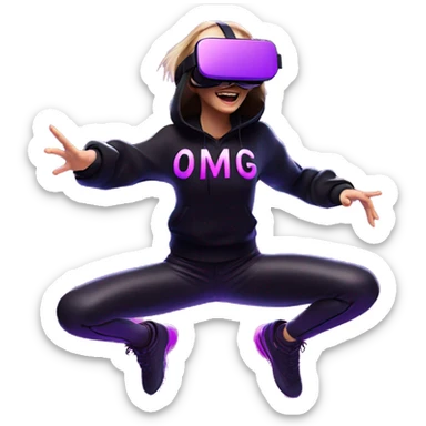 Russian girl wearing black hoody with violet letters "OMG", in vr headset oculus quest2. jumping. Cyberpunk style. Violet neon. sticker