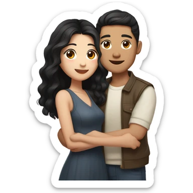 A half pale Asian man with short dark hair and amber eyes embracing and loving a half Asian woman with long wavy dark hair and dark hazel eyes. They love each other a lot And have good fashion taste. And are having a lot of fun sticker