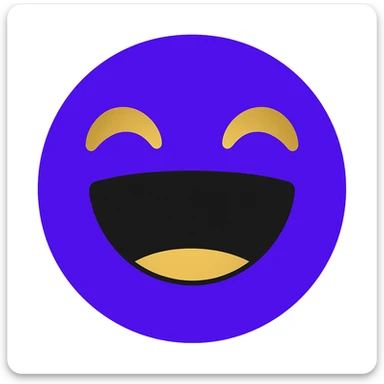 Create a laughing emoji using the brand's purple and gold face as the base. Add a wide open mouth and joyful eyes to express laughter, keeping the brand colors and style consistent. Maintain the brand's purple and gold color scheme and style in the design. sticker