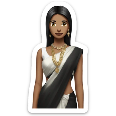 hair straight, black hair, white face colour, slender face, wearing a trendy saree and accessories, full body, sharp jawline, edgy sticker