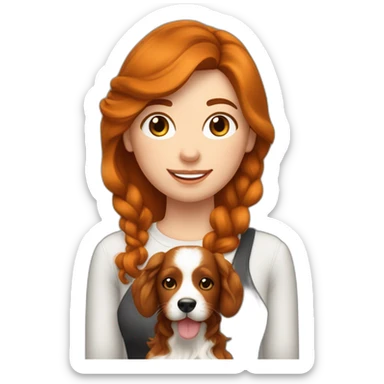 Femme rousse aux cheveux long bouclés avec son chien noir, son cheval marron et son chat blanc sticker