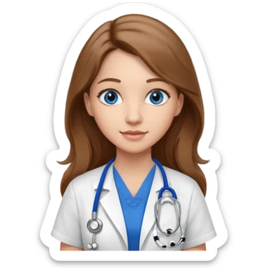 inside a classroom at university that says nursing school on the board with a pretty female nursing student with long brown hair, blue eyes sticker