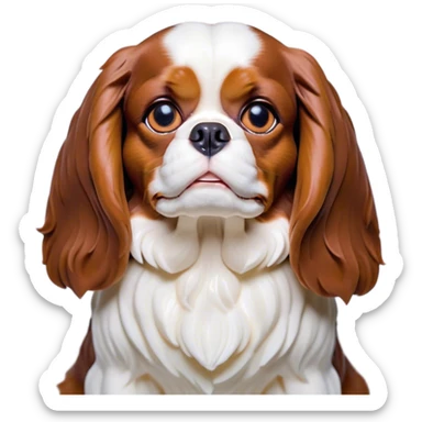 Cinematic Grumpy Blenheim Cavalier King Charles Spaniel Portrait Emoji, Head tilted slightly with a deeply unimpressed expression, thick Blenheim coat with pronounced chestnut and white markings, large, droopy brown eyes narrowed into an unamused glare, ears slightly drooping in exasperation, Simplified yet comically expressive features, highly detailed, glowing with a dry, sarcastic glow, high shine, effortlessly judgmental yet dignified, stylized with a touch of cynicism, bright but brooding, soft glowing outline, capturing the essence of an eternally unimpressed yet endearing companion, so lifelike it feels like it could sigh heavily at you in disdain at any moment! sticker