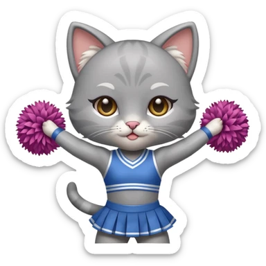 A cute chibi sleek grey cat cheerleader twirling pom-poms with confident energy. sticker