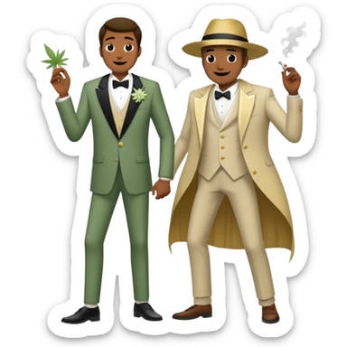 Full body view of person in fancy clothes sneaking into a wedding ceremony with a mischievous grin, uninvited guest, smoking cannabis sticker