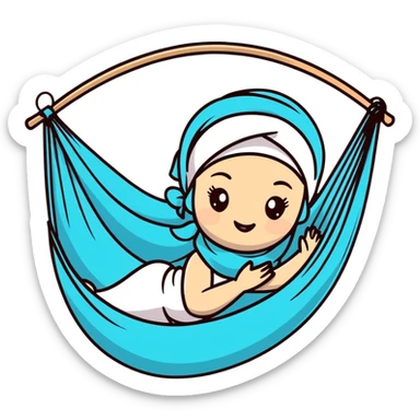 cartoon emoji of a playful girl with a headscarf, strong outline, expressive face, pastel tones, subtle Aquarius accent, hint of yoga hammock, cosmic motifs, cheeky and magical vibe sticker