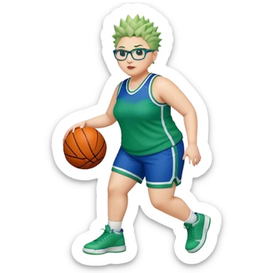 FULL BODY PLUS SIZE  WHITE Vwomen with short hair SPIKEY HAIR and glasses playing basketball IN BLUE AND GREE UNIFORM NO WRITING sticker