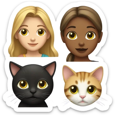 A hazel-eyed girl with light brown, medium-length hair is holding a black cat with yellow eyes, a tabby cat with green eyes, and a yellow tabby cat with yellow eyes. sticker