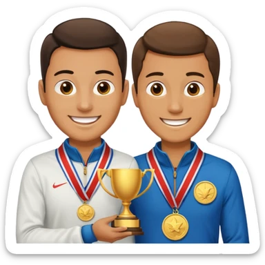 winner ceremony with one guy handing another guy a trophy. One having a medal around his neck sticker