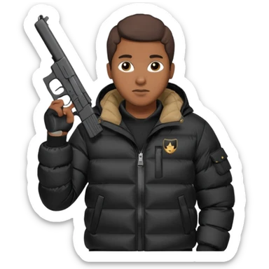 african american wearing a black puffer jacket with the hood on and holding a glock 26 sticker