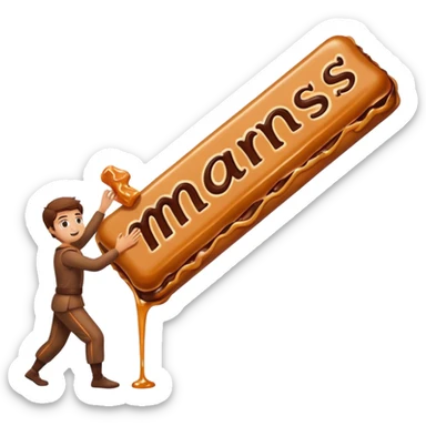 Create a cartoon-style Mars bar with gooey caramel stretching playfully. sticker